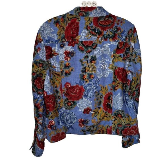 Coldwater Creek Shirt Jacket Shacket LG Blue Floral Linen Blend Cottagecore - Picture 2 of 11